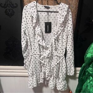 PLT Plus White Polka Dot Frill Detail Wrap Dress